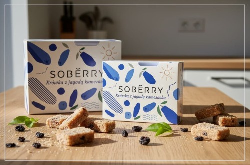 Kruchce krówki Soberry z kawałkami suszonej jagody kamczackiej na drewnianym stole obok opakowań zbiorczych 220g.