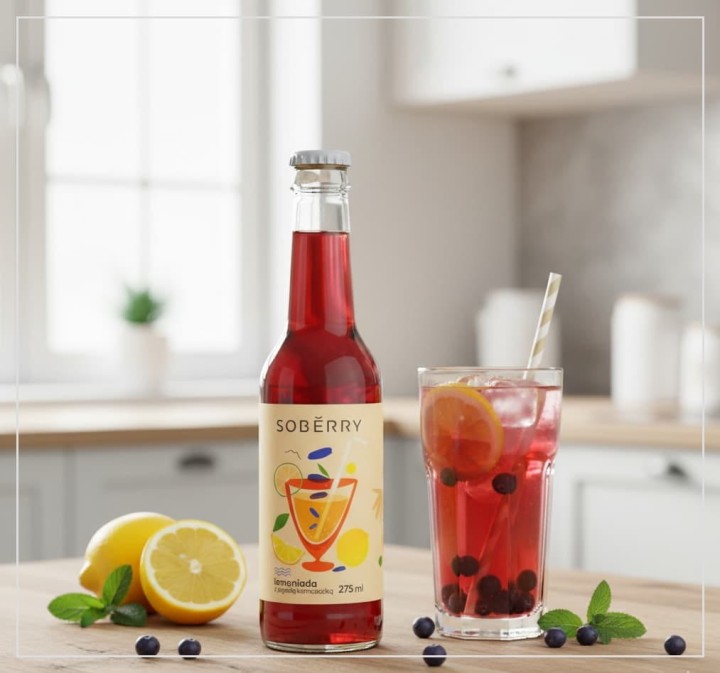 Szklana butelka lemoniady z jagodą kamczacką Soberry 275 ml na dębowym blacie, obok szklanka z lodem, plasterkiem cytryny i rurką oraz świeże owoce haskap i mięta.