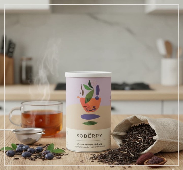 Puszka czarnej herbaty liściastej Soberry z jagodą kamczacką i łupinami kakaowca na drewnianym blacie, obok zaparzonej herbaty w szklance, sitka oraz rozsypanych liści herbaty i owoców haskap.