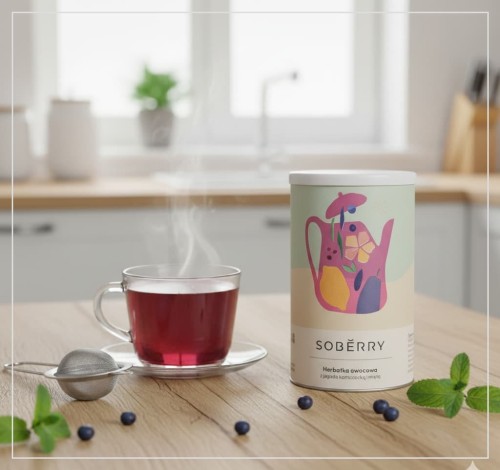 Puszka herbatki owocowej Soberry z jagodą kamczacką i miętą na drewnianym blacie, obok filiżanka parującej czerwonej herbaty, zaparzacz oraz świeże listki mięty i owoce haskap.