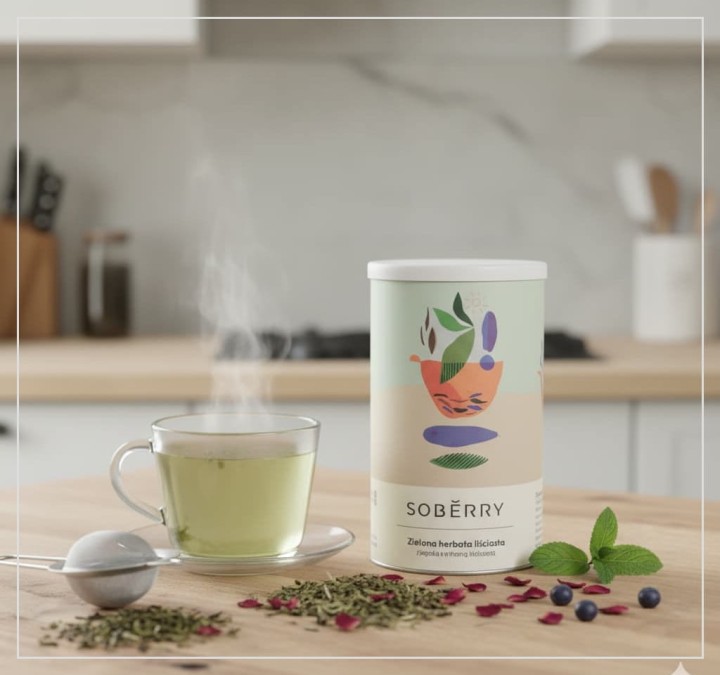 Puszka zielonej herbaty liściastej Soberry z jagodą kamczacką i płatkami róży na dębowym blacie, obok filiżanka jasnego naparu, sitko do parzenia oraz rozsypane liście herbaty, suszone jagody haskap i płatki róż.